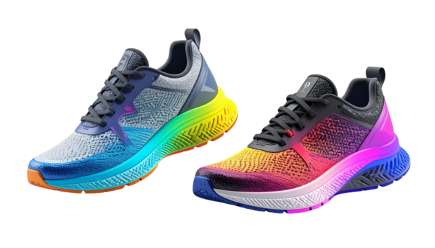 Black and neon rainbow running shoes duo isolated on transparent background
