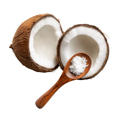 Coconut halves and wooden spoon with flakes