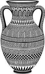 Black and white illustration of a traditional ancient greek bowl, decorated with a meander pattern