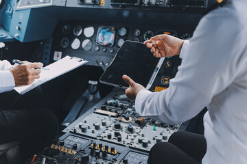 Professional pilot woman in uniform has teamwork meeting for success flight in aviation business. Young female captain instructor sitting in office and working or training commercial airline crew.