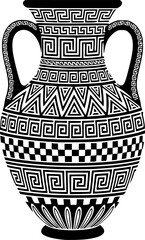 Black and white illustration of a traditional ancient greek bowl, decorated with a meander pattern