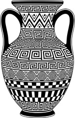 Black and white illustration of a traditional ancient greek bowl, decorated with a meander pattern