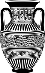 Black and white illustration of a traditional ancient greek bowl, decorated with a meander pattern