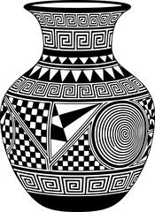 Black and white illustration of a traditional ancient greek bowl, decorated with a meander pattern