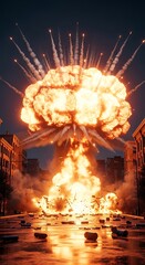 Dramatic Artificial Nuclear Explosion in Urban Environment Cityscape Catastrophe