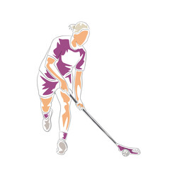 Woman playing floorball, floorball player, isolated flat design vector illustration