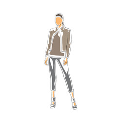 Businesswoman standing, isolated flat design vector illustration. Line art corporate drawing