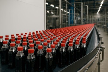 Fototapeta premium Hundreds of plastic soda bottles with red caps moving on a conveyor belt in a modern beverage factory production line interior under artificial lighting. Ai generative