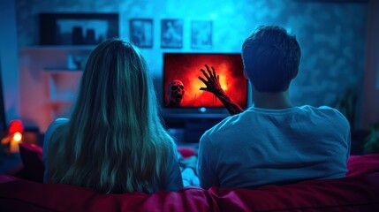 Fototapeta premium Young couple on the red chair in Cinema, horror movie in halloween day, scary and scream concept,romantic spending time together,Relaxation movie concept,halloween day.