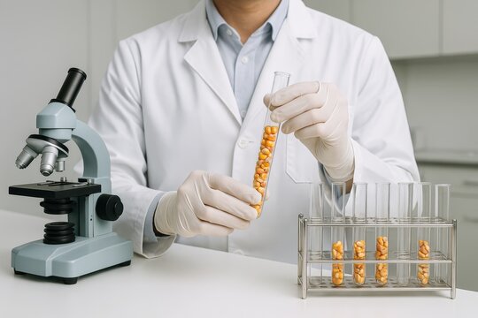 Scientist analyzing corn kernels in test tubes in laboratory environment for agricultural biotechnology and food industry concept. Ai generative. Ai generative
