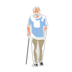 Senior walking, isolated flat design vector drawing, line art illustration