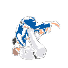 Judo, two fighters in action, isolated flat design vector illustration. Line art sports clip art