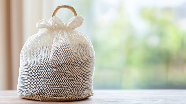 Eco friendly mesh bag for storage, made from organic cotton, perfect for reducing plastic waste and promoting sustainability