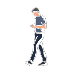 Adult man with phone in his hands, Young man walking and messaging. Flat design isolated vector illustration. Line art drawing