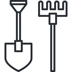 Iconic Outline Of A Garden Spade And A Pitchfork On A Transparent Background Representing Gardening Tools And Agriculture Equipment In Simple Line Art Style