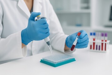 Scientist using pipette and handling blood sample in laboratory setting, illustrating modern biotechnology and medical research concept in healthcare industry. Ai generative