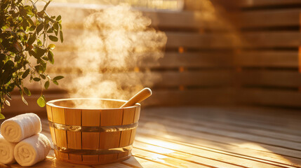 Wooden steam bucket emits refreshing steam in serene spa setting, surrounded by soft towels and greenery, creating calming atmosphere