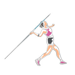 Javelin throw, female athlete. Woman throws javelin, athletics. Isolated flat design vector illustration