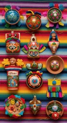 Fototapeta premium Colorful mexican handcrafted ornaments for las posadas celebration on vibrant fabric
