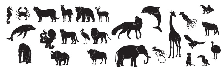variety of animal silhouettes including mammals birds.