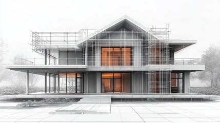 Partially rendered modern two-story house with scaffolding, large windows glowing with warm interior light, surrounded by hand-drawn landscaping elements and trees in a sketch style
