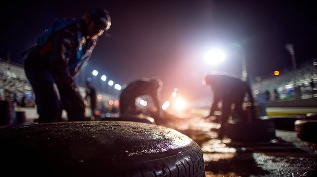 Dynamic pit crew intensely works during thrilling night race under bright stadium lights