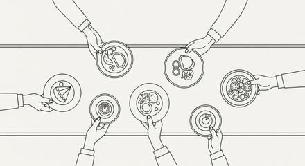 Overhead view of hands holding various dishes at a communal dining table, illustrating sharing and culinary diversity