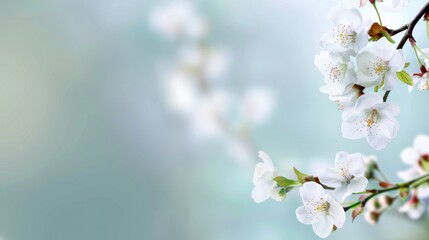 Delicate White Cherry Blossom Flowers Against Soft Blue Background in Springtime Serenity and Beauty