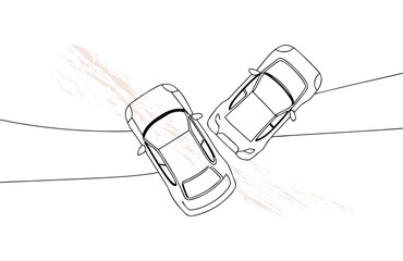 Two cars in a park with abstract brush strokes single line vehicle accident