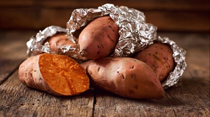 Warm, delicious baked sweet potatoes wrapped in foil, a wholesome, comforting meal perfect for autumn or winter.