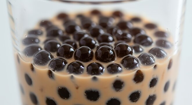 Extreme detail of bobas in bubble tea, translucent spheres clustered at the bottom of a clear glass.