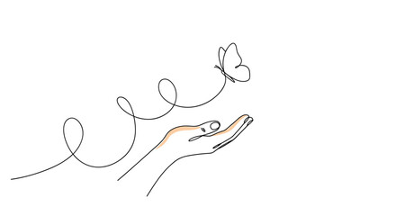 A gentle hand releasing a delicate butterfly into the air with a winding path of dots symbolizing freedom and new beginnings