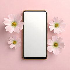 A minimalist flat lay of a smartphone surrounded by soft pink flowers on a pastel background featuring a blank screen for design