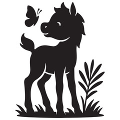 Curious Foal Silhouette Baby Horse with Butterfly and Grass Vector Illustration