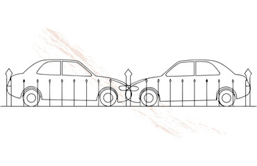 Two cars colliding with a fence in continuous line art style single line collision accident