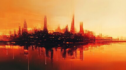 Naklejka premium Abstract city skyline at sunset with reflections in water, blurred vertical light streaks creating a fiery and warm atmosphere