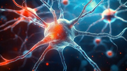 Close-up view of glowing neural cells with branching dendrites in a vibrant blue and orange microscopic environment representing brain activity