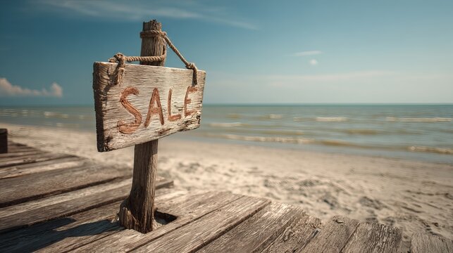 Rustic wooden sign announces 'Sale' on a serene beach boardwalk inviting summer shoppers to discover deals