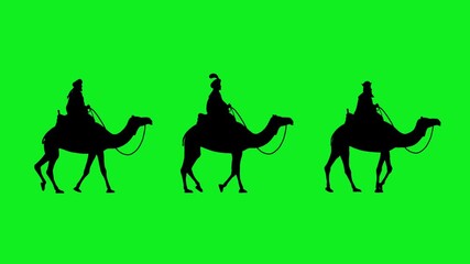 Loopable side view animation of the three wise men silhouette riding camels on a green background. Concept of Christmas, nativity, and biblical themes, symbolizing the journey guided by the star. - Powered by Adobe