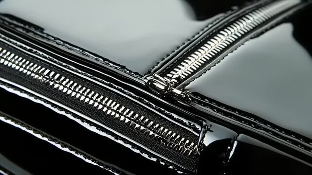Gleaming silver zipper detailed on a shiny black surface.