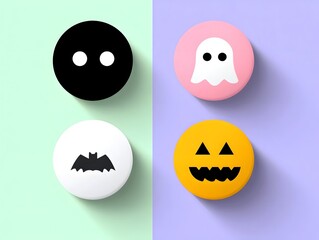 Fototapeta premium Four round Halloween badges featuring simple icons like a ghost bat and jack o lantern set against split pastel backgrounds with long shadows