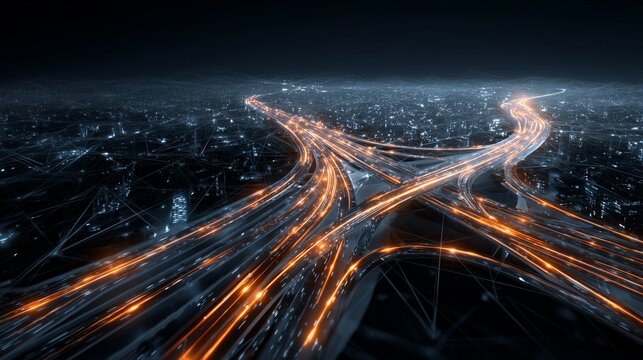 An abstract view of futuristic transport logistics, with vehicle light trails and data streams on a highway, symbolizing supply chain and traffic management.