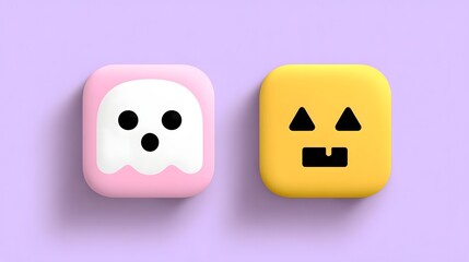 Cute Halloween ghost and jack o  lantern icons on a pastel purple background