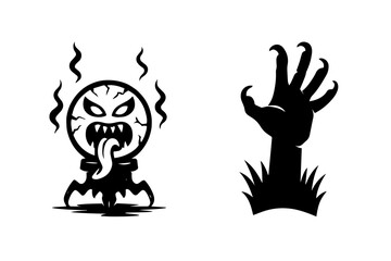 Set of two creepy Halloween silhouettes: a snarling monster orb with a long tongue and a zombie hand rising from the ground, conveying horror, scary themes, and spooky holiday graphics