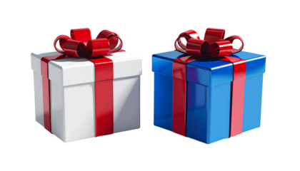 White red and blue gift box duo with shiny red ribbon bow isolated on transparent background