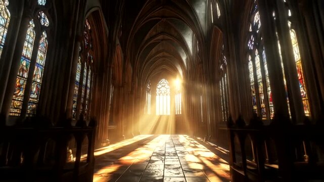 Sunlight streams through stained glass windows in a grand gothic hall.