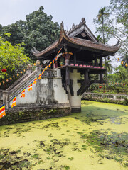 The historic One Pillar Pagoda in Hanoi, Vietnam, rises gracefully from a tranquil pond covered in vibrant duckweed. Traditional Buddhist flags adorn the steps, surrounded by lush tropical trees,