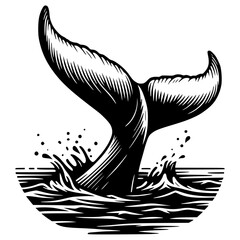 Majestic humpback whale tail surfaces gracefully looking above calm ocean waters black vector icon with transparent background 