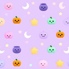 Obraz premium A seamless pattern of cute kawaii Halloween icons including pumpkins moons stars and cauldrons on a soft pastel purple background
