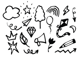 Kid crayon chalk line cloud, flower children sticker set. Hand drawn crayon doodle sketch childish cute element set.